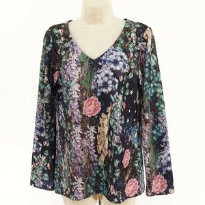 Sheilay Womens V-Neck Shirt M Medium Wildflowers Night Sky Stars Artsy Navy Blue